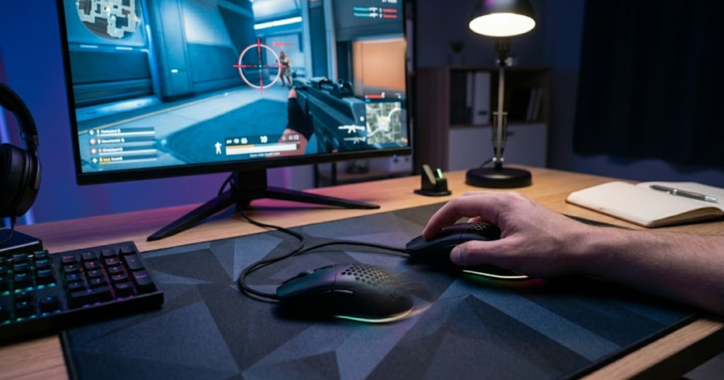 An FPS player making a fast mouse movement while aiming at an opponent, demonstrating the importance of accurate sensor tracking.