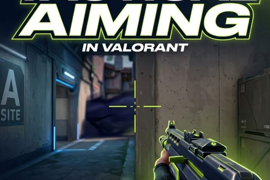 Premium tactical aiming illustration in Valorant showing disciplined crosshair placement and competitive FPS positioning mechanics.