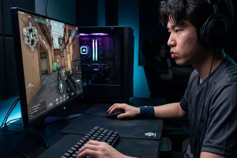 Valorant player practicing tactical aiming with precise crosshair placement and FPS gaming setup