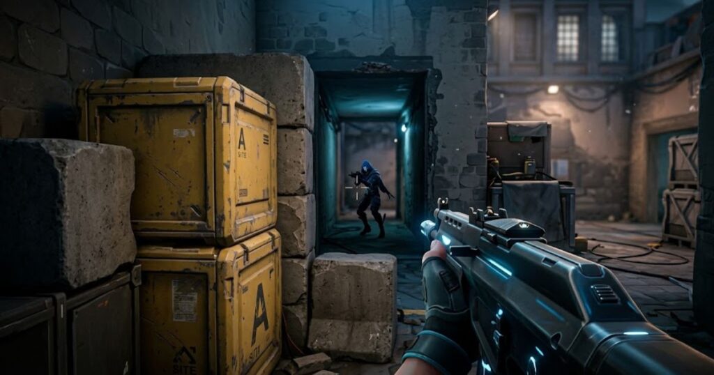 A Valorant player holding an angle through a narrow corridor while using cover to limit enemy exposure during a gunfight