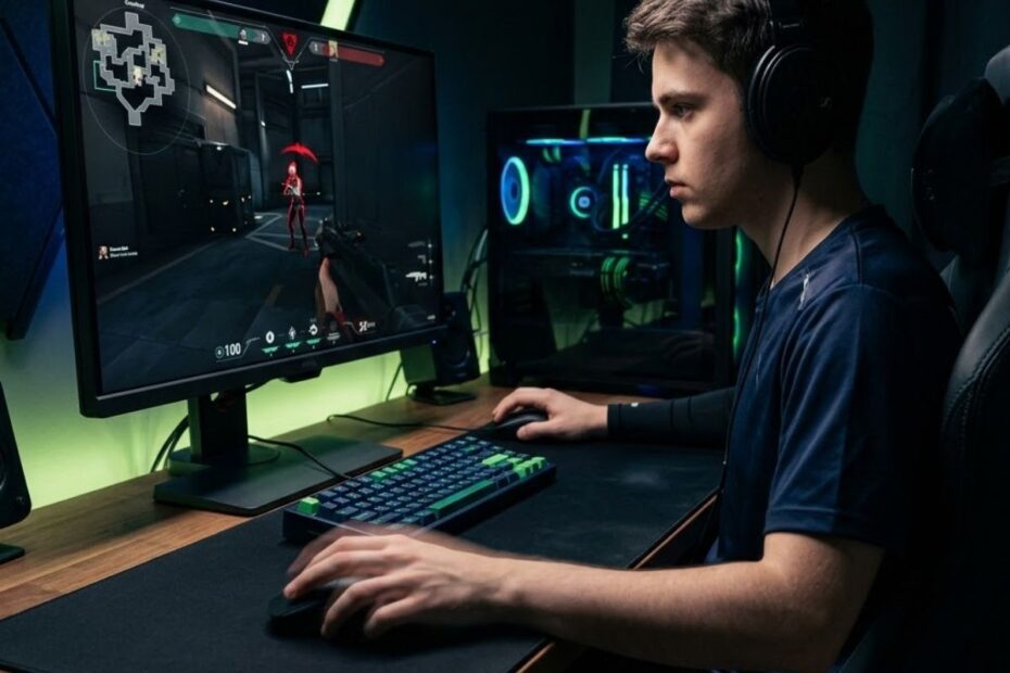 Professional Valorant player practicing flick shot aiming with lightweight gaming mouse and tactical FPS setup