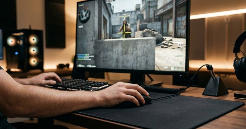 Valorant player using a gaming mouse and large mousepad to maintain precise crosshair placement and sensitivity control during gameplay
