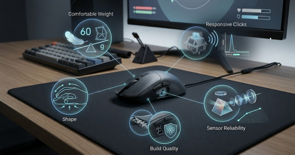 A gaming mouse displayed with emphasis on shape, sensor quality, weight, click response, and build quality.