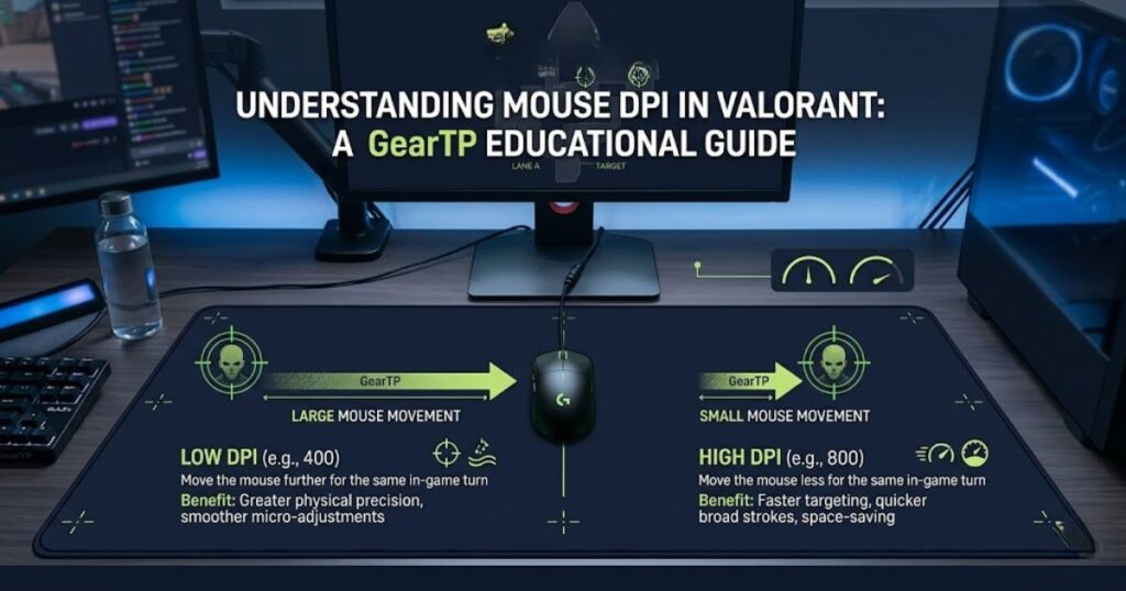 An infographic explaining how DPI affects mouse movement and aiming precision in Valorant tactical FPS gameplay.