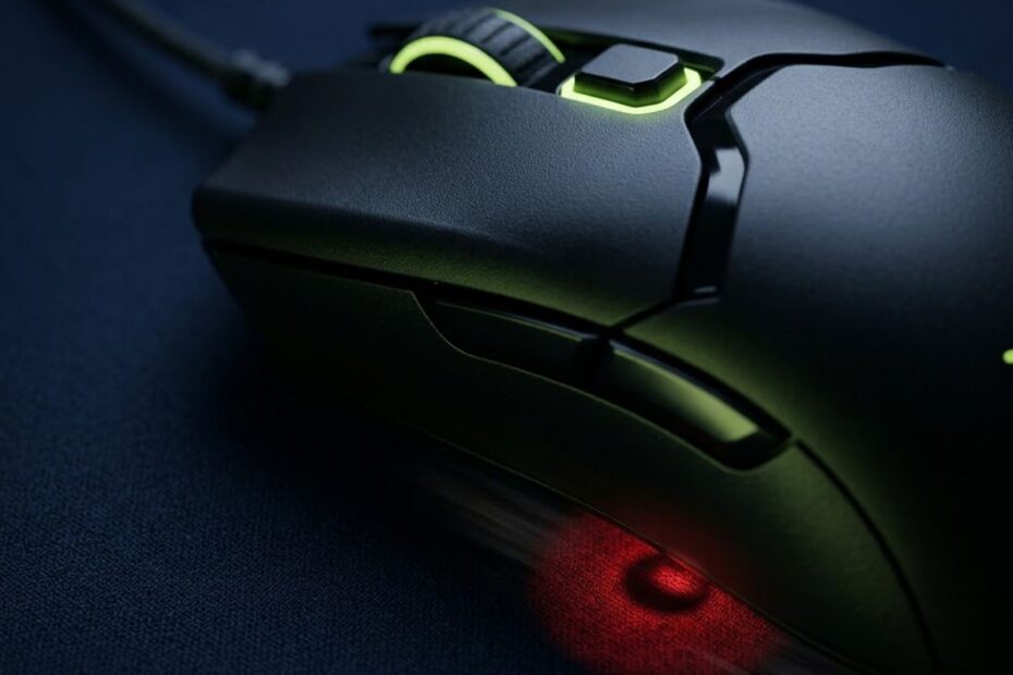 Premium FPS gaming mouse image focused on the DPI button and optical sensor for gaming sensitivity and aiming precision.