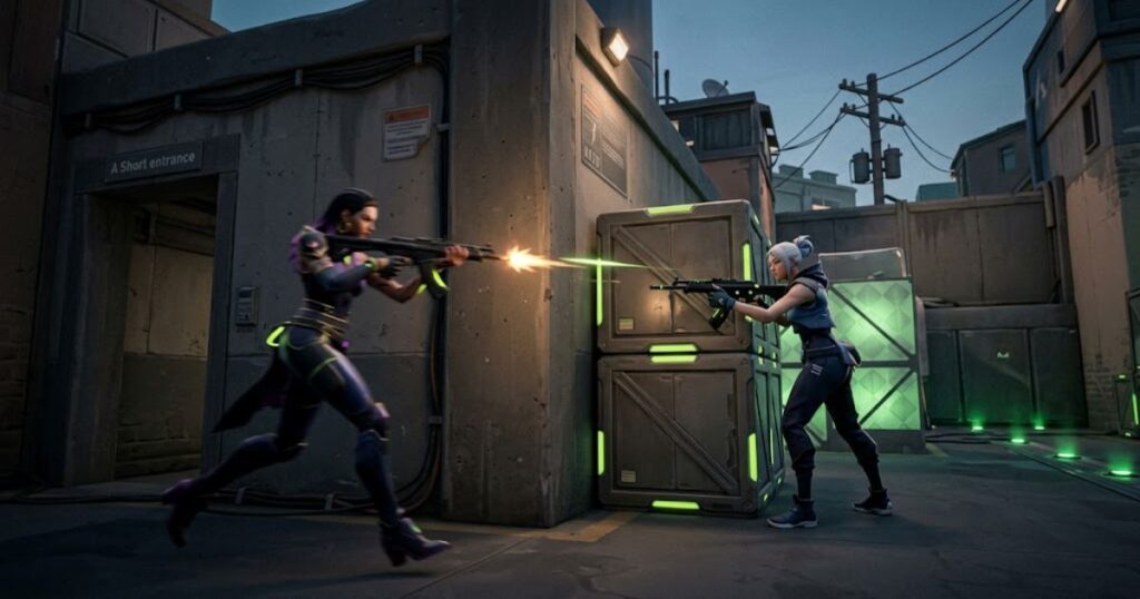 Valorant peeker advantage showing attacker swinging angle against defender