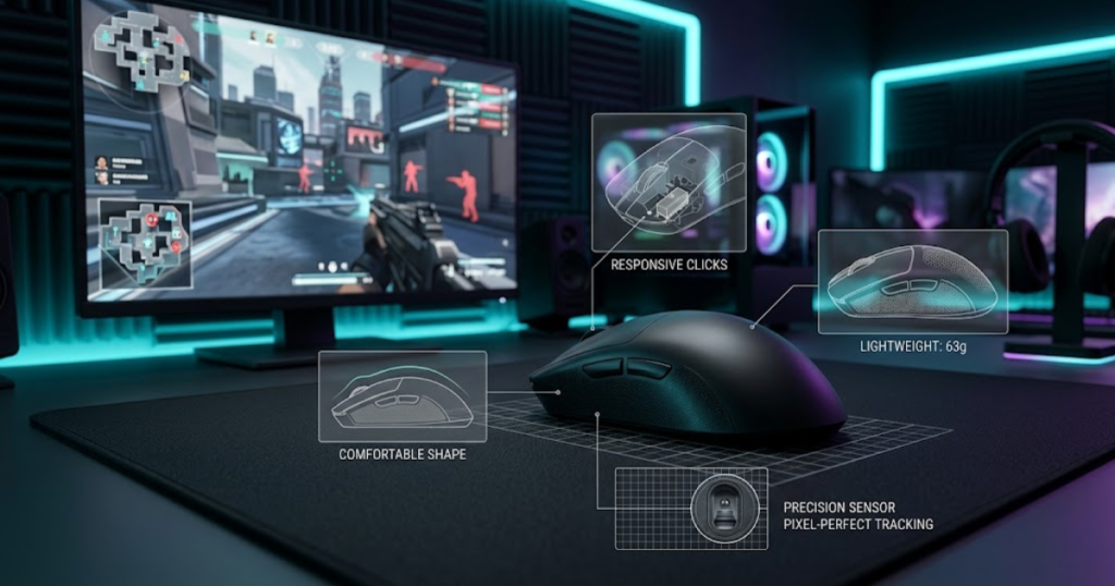 A gaming mouse displayed with emphasis on sensor accuracy, shape, weight, and responsiveness in a competitive FPS environment.