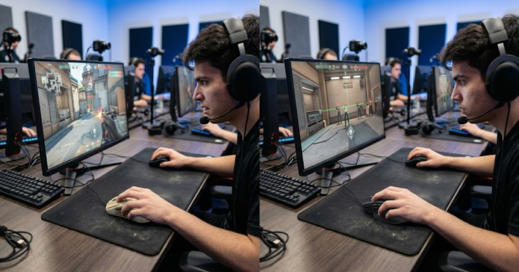 A comparison between a player using an office mouse and a gaming mouse during FPS gameplay, showing differences in comfort and control.