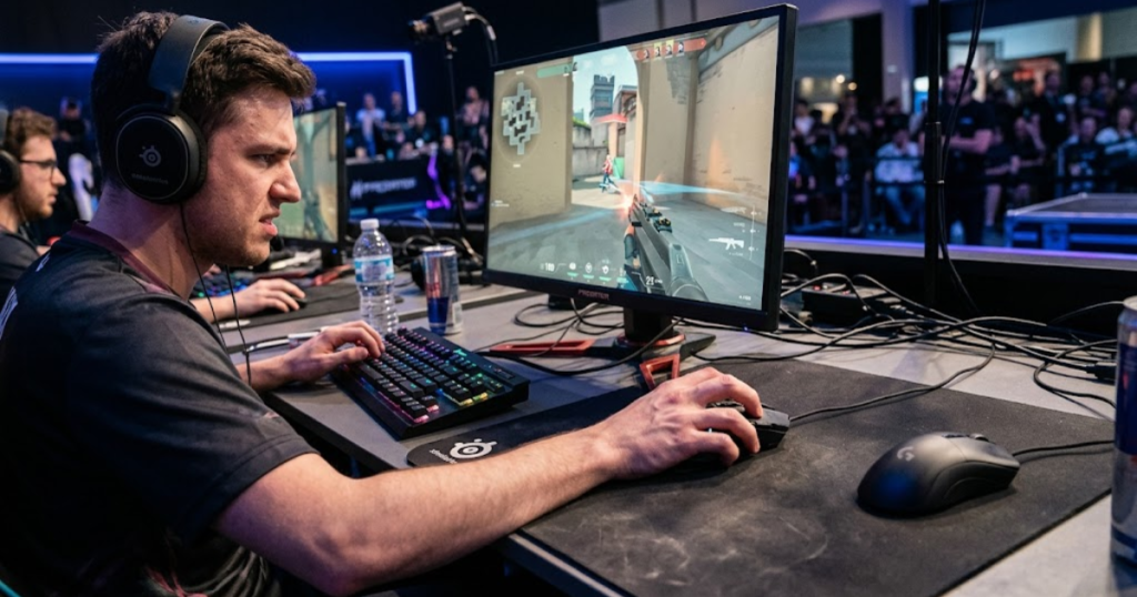 An FPS player holding an uncomfortable gaming mouse with awkward finger placement while comparing it to a more ergonomic mouse designed for better comfort and control.