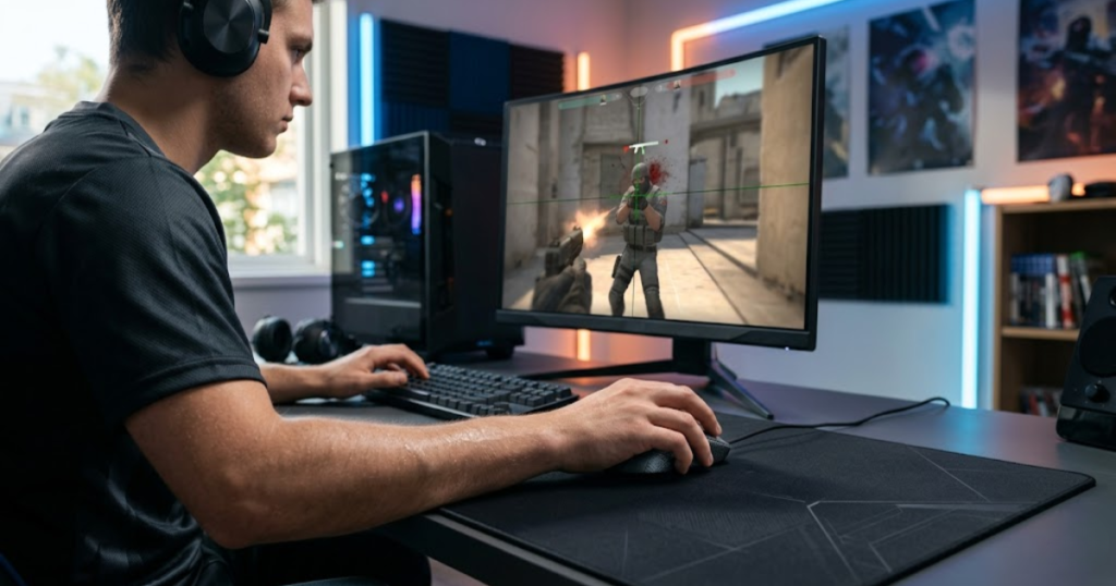 An FPS player performing a precise flick shot during a competitive match while using a gaming mouse on a large mousepad.