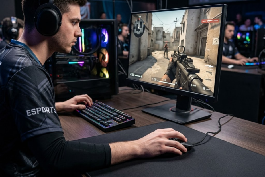 Create a 1200×630 widescreen article image showing a gaming mouse and a regular office mouse side by side in different environments. One side features an FPS gaming setup with a large mousepad and gaming monitor. The other side features an office workspace with documents and a laptop. Highlight the different purposes, performance expectations, and usage scenarios. Photorealistic, ultra detailed, realistic lighting, no text, no watermark, no logos.