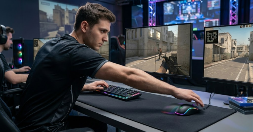 An FPS player making a fast arm movement across a large mousepad with a lightweight gaming mouse during competitive gameplay.