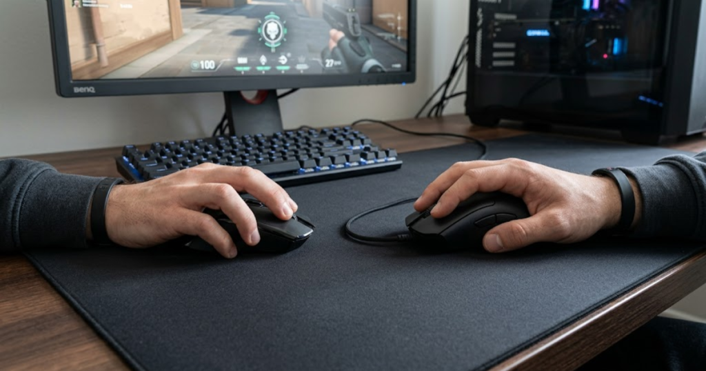 An FPS player comparing a comfortable gaming mouse shape with an uncomfortable shape to illustrate differences in grip stability and control.