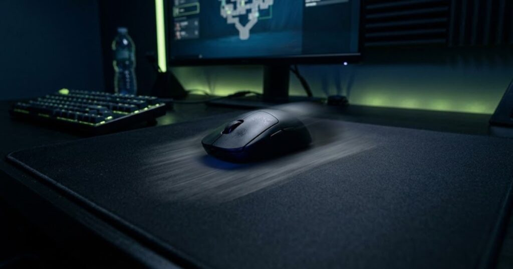 Wireless gaming mouse movement on esports mousepad for Valorant tactical FPS gameplay