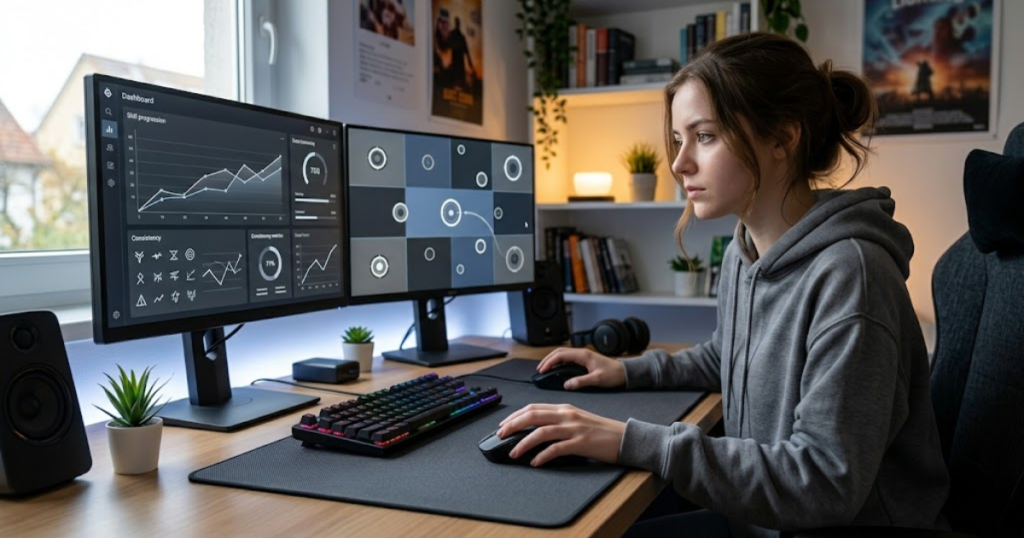 A beginner FPS player practicing aim training with a comfortable gaming mouse in a modern gaming setup.