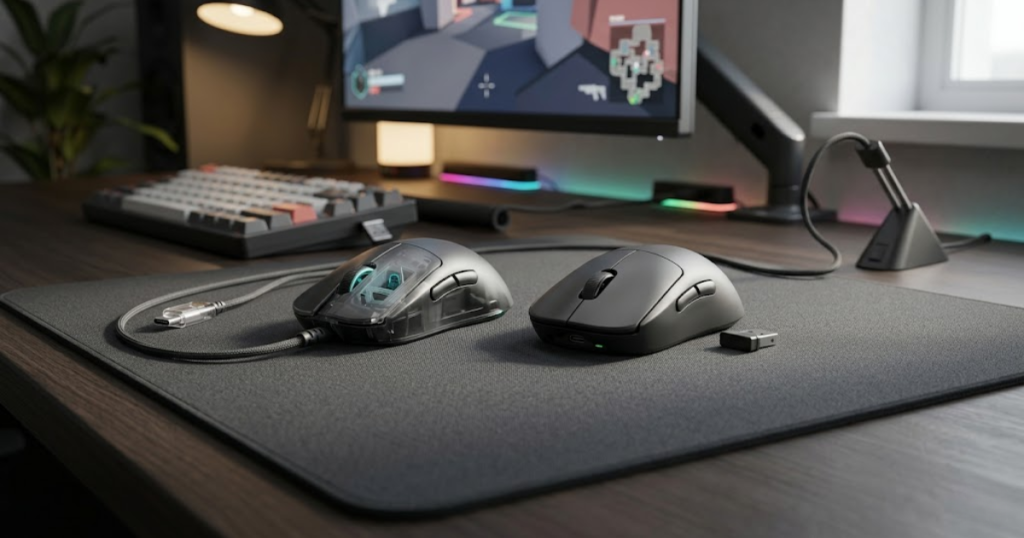 A wired gaming mouse and a wireless gaming mouse displayed side by side in a modern FPS gaming setup.