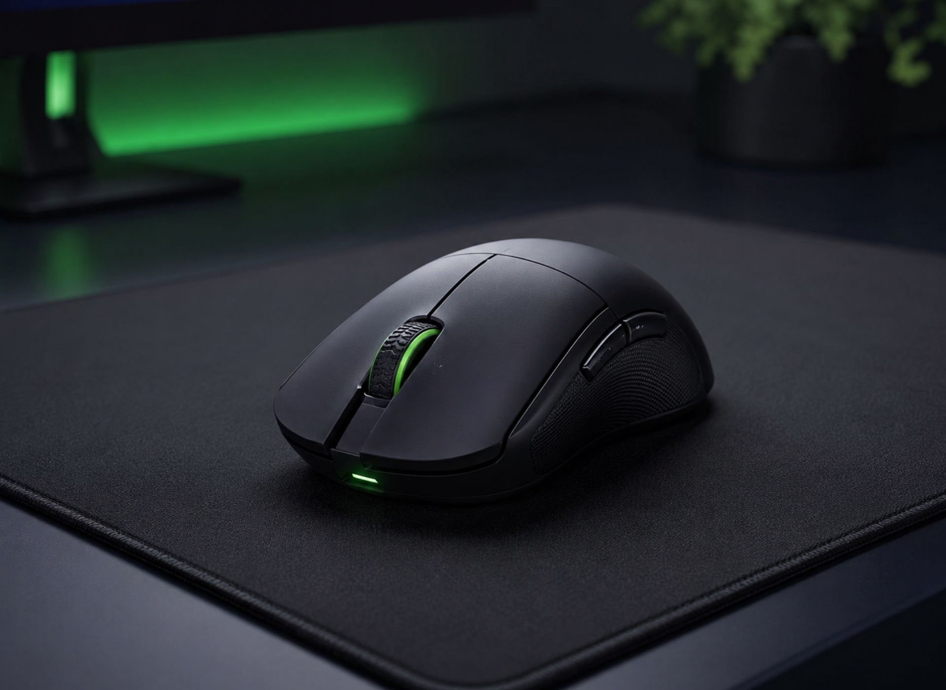 Premium FPS gaming mouse on mousepad showing shape, sensor tracking, and lightweight competitive control