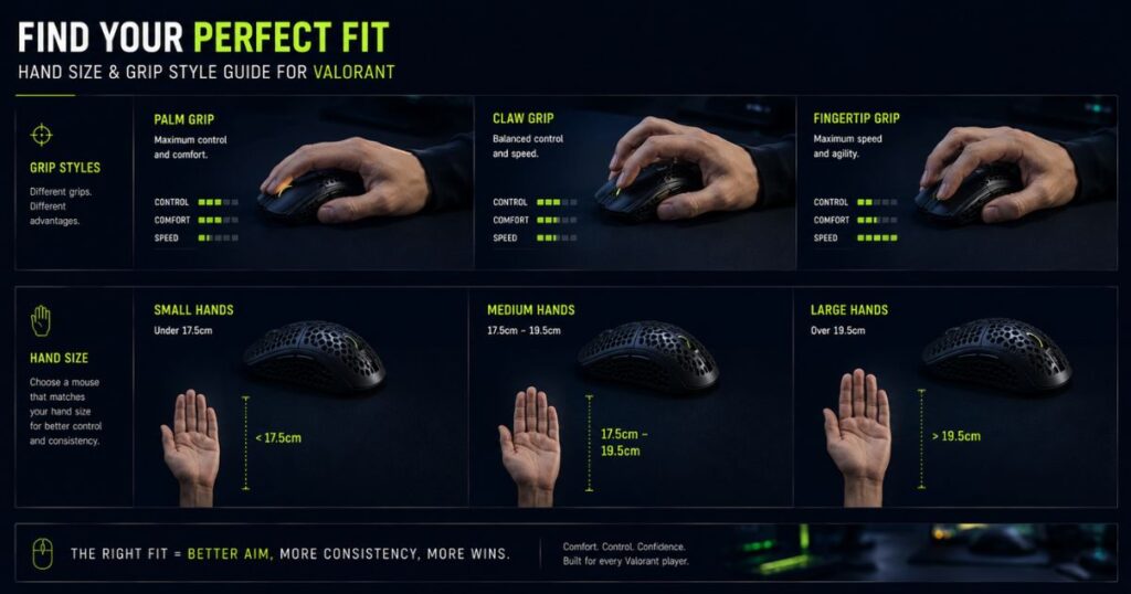 Gaming mouse grip styles and hand size guide for Valorant players