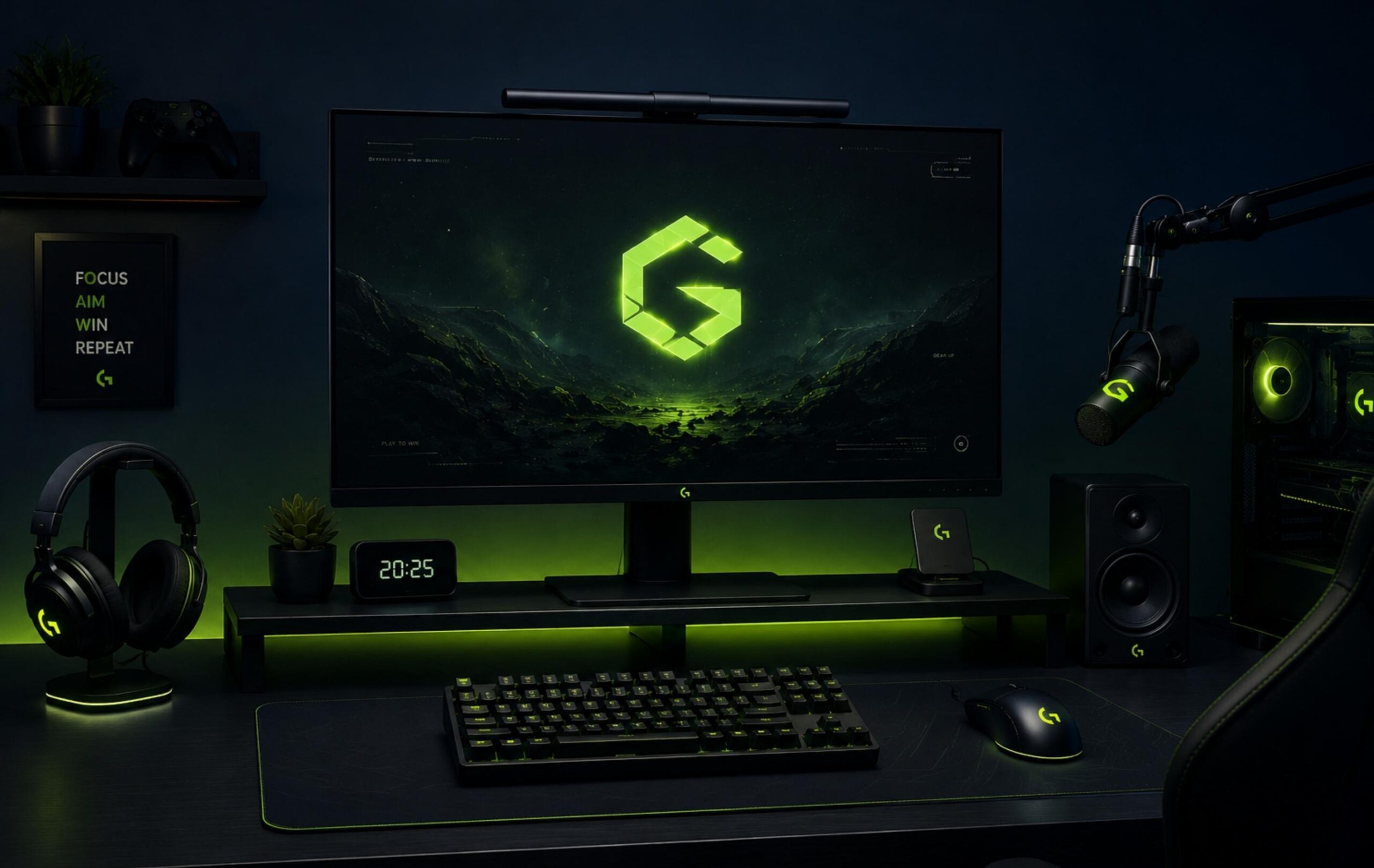 Gaming desk setup featuring a gaming mouse, keyboard, headset, microphone, speaker, and mousepad
