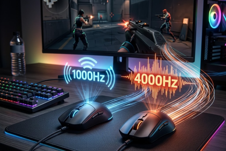 Two gaming mice placed side by side on a gaming mousepad comparing 1000Hz and 4000Hz polling rates in an FPS gaming setup.