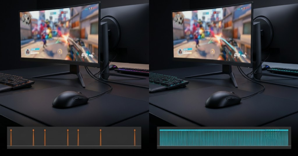 Visual comparison showing different report frequencies between 1000Hz and 4000Hz polling rates using a gaming mouse and signal timeline.