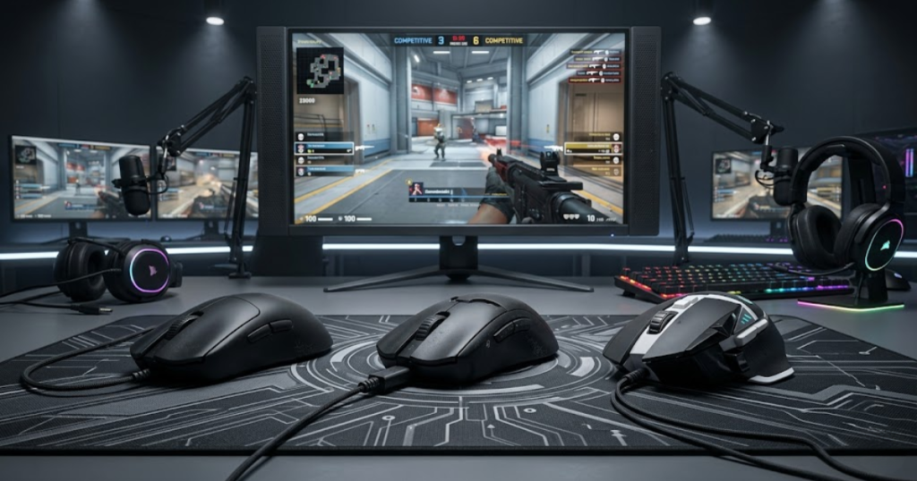 Three gaming mice representing 1000Hz, 4000Hz, and 8000Hz polling rates placed side by side on a gaming desk