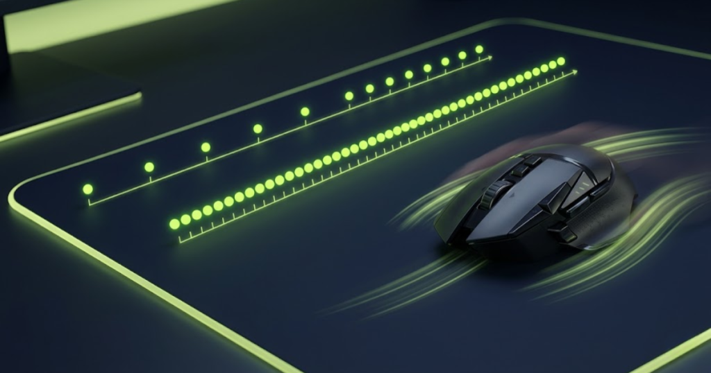 Two visual signal timelines beside an FPS gaming mouse showing denser movement updates for 8000Hz compared with 4000Hz polling rate.