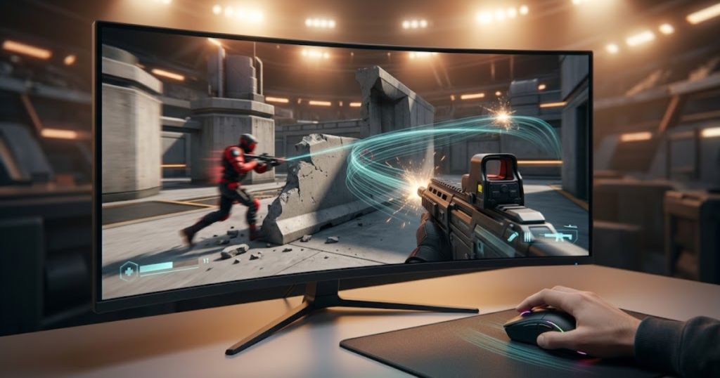 FPS player tracking a moving enemy target while using a high-performance gaming mouse.