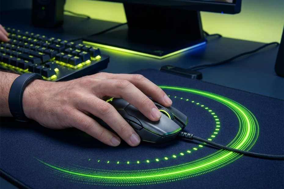 A high-end FPS gaming mouse on a dark gaming desk with visual motion trails showing a comparison between 4000Hz and 8000Hz polling rate.