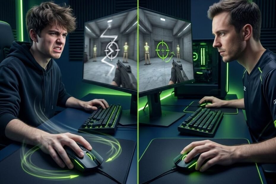 A split-screen image showing an FPS player struggling with unstable aim caused by incorrect DPI settings compared to a player using a controlled and consistent mouse setup.