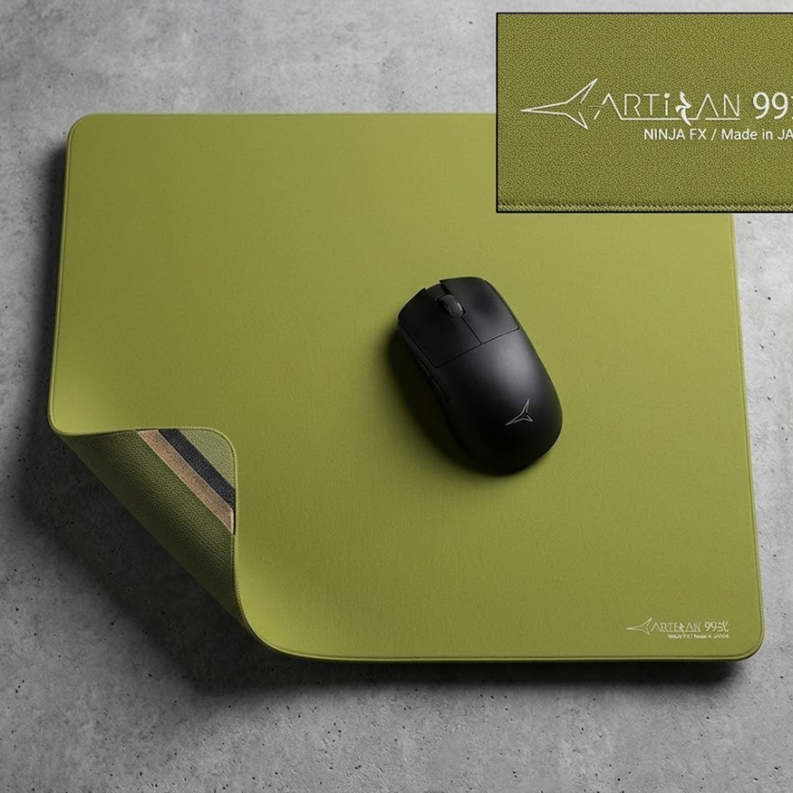 A green ARTISAN NINJA FX Type-99 MID XL Matcha gaming mouse pad placed on a gaming desk with a lightweight gaming mouse resting on the surface.