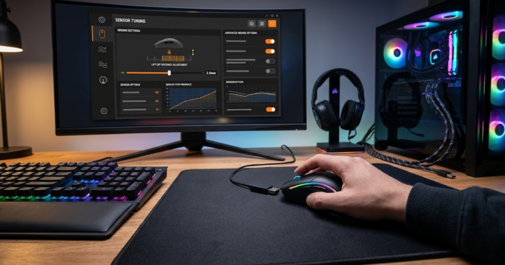 A gaming mouse connected to a computer with software settings used to adjust lift off distance