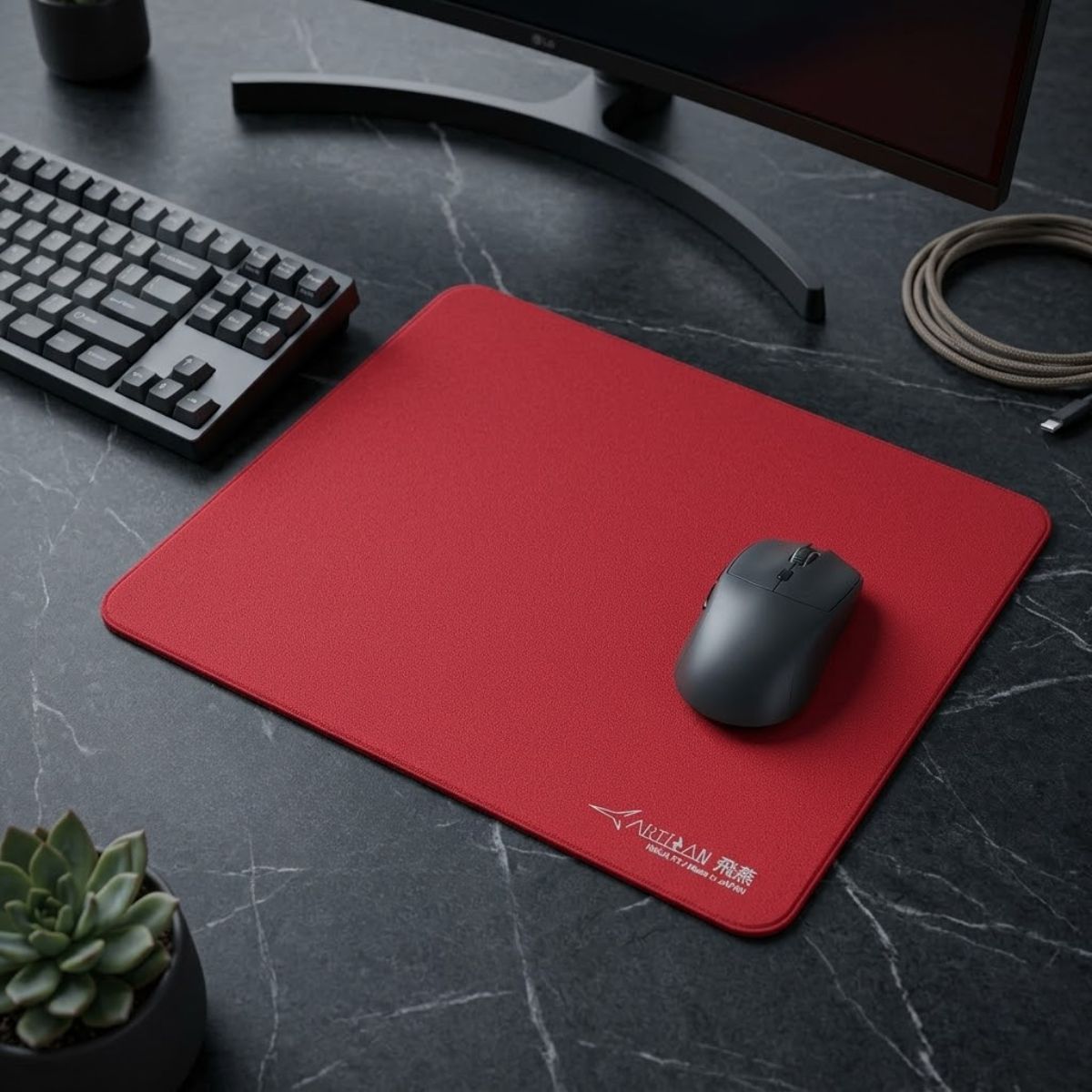 ARTISAN Hien FX Soft XL gaming mouse pad placed on a gaming desk with a mouse resting on the surface.