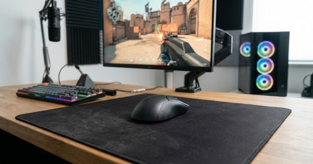 Lightweight symmetrical gaming mouse resting on a gaming mouse pad beside an FPS gaming setup.
