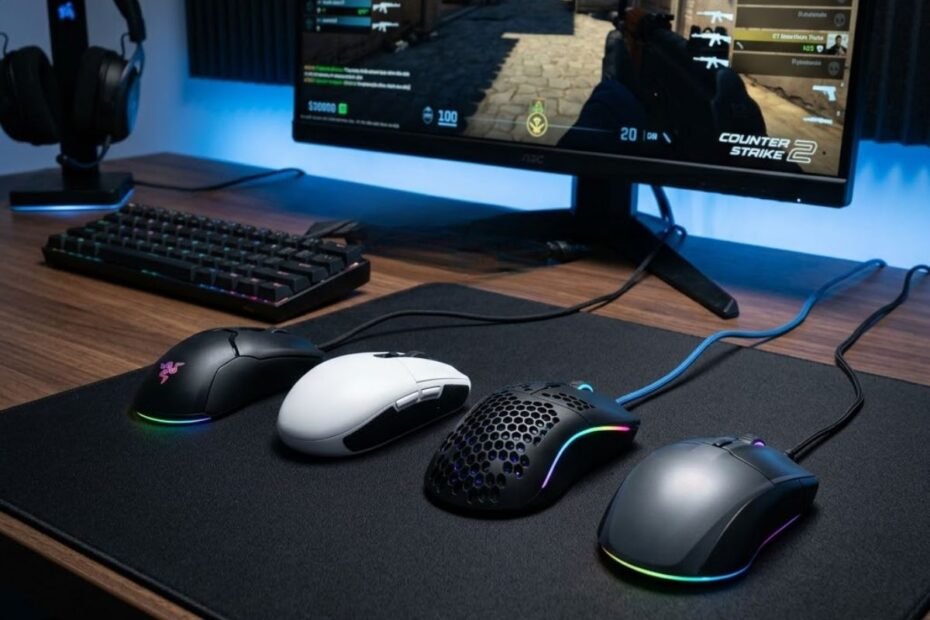 Four affordable gaming mice placed on a large mouse pad beside a monitor displaying a competitive first-person shooter game.