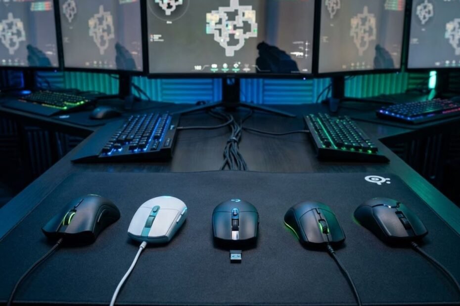Five budget gaming mice displayed on a gaming desk setup designed for Valorant players