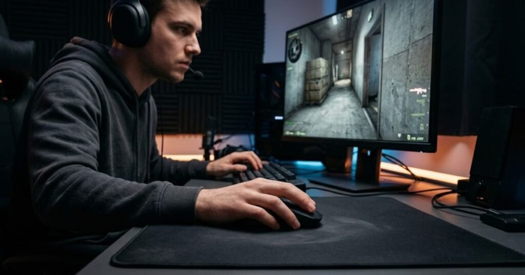 A tactical FPS player using a gaming mouse while aiming at a narrow angle during a competitive match.