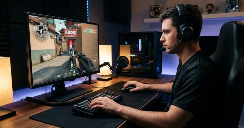 A Valorant player using a lightweight gaming mouse while aiming at an opponent during a competitive match.