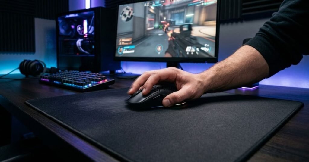 A player using a lightweight wireless gaming mouse on a large gaming mouse pad during an FPS game.