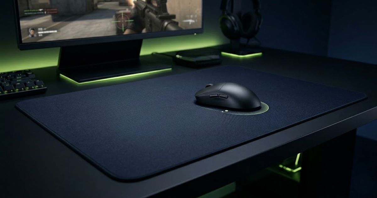 A large control gaming mouse pad on a tactical FPS gaming desk with a lightweight gaming mouse positioned for precise aiming and controlled movement.
