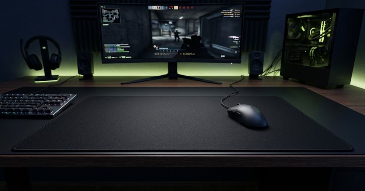 A large cloth gaming mouse pad on a professional FPS gaming setup designed for balanced control and smooth mouse movement.
