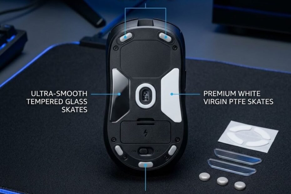 Bottom view of a gaming mouse showing PTFE, glass, and ceramic mouse skates beside different replacement mouse feet on a gaming mouse pad.