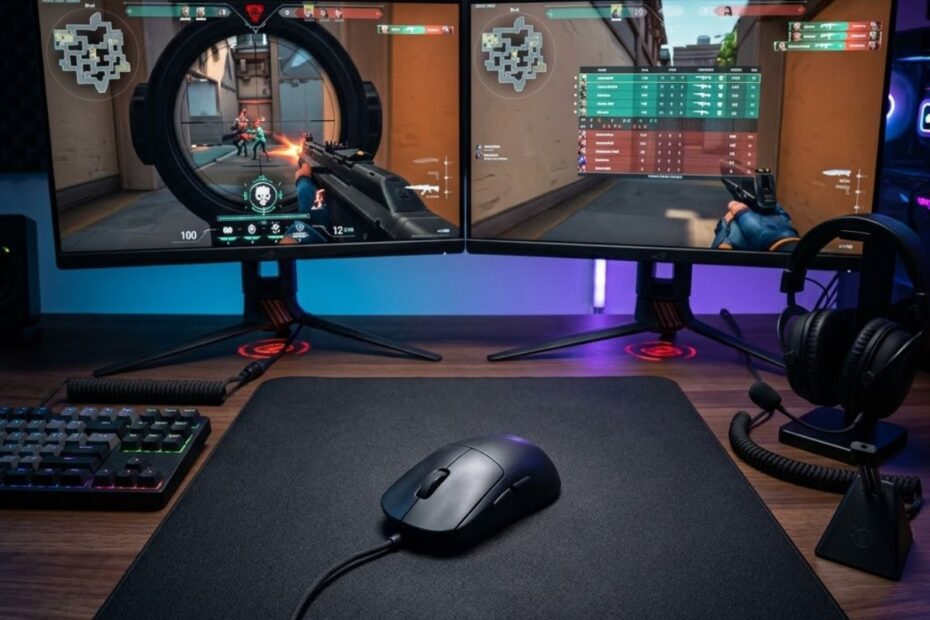 Several modern FPS gaming mice displayed on a gaming desk with monitors showing competitive first-person shooter gameplay.