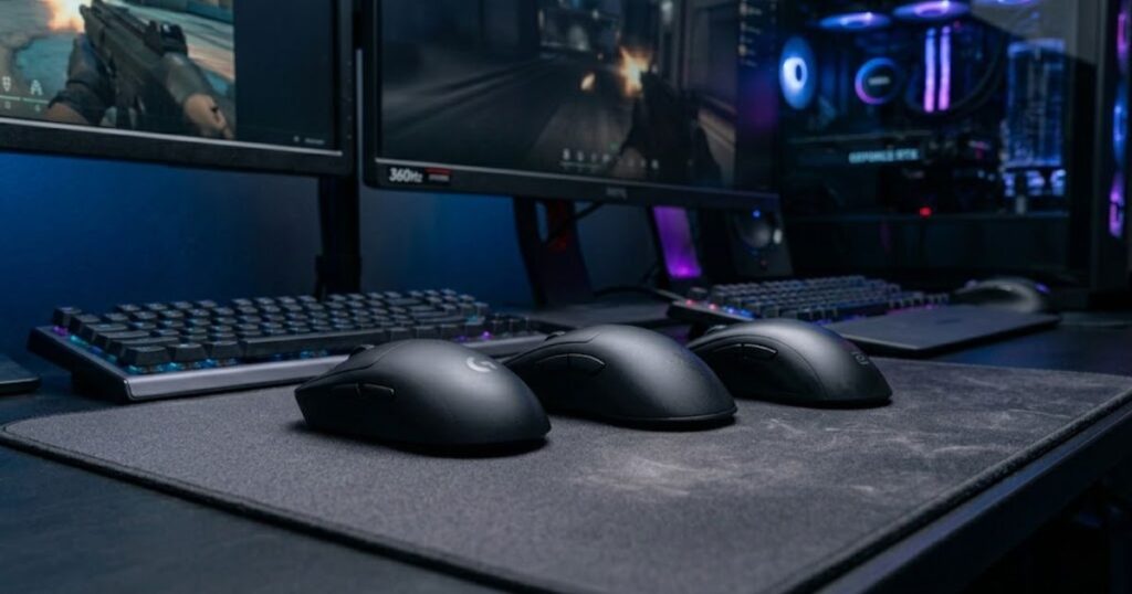 Three ergonomic gaming mice displayed on a gaming desk representing top recommendations for palm grip FPS players.