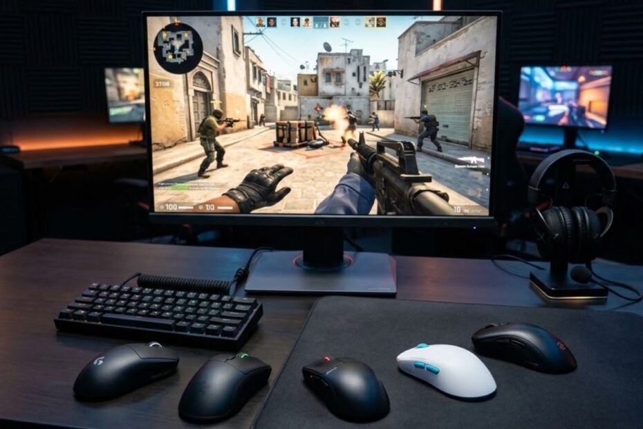 Five gaming mice displayed on a gaming desk setup designed for tactical FPS games such as Valorant and Counter-Strike 2