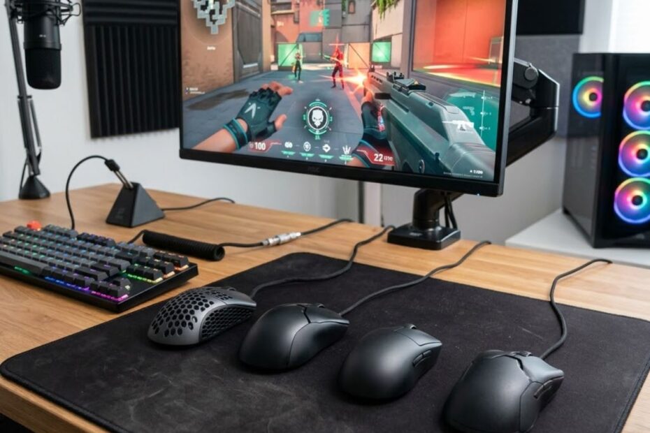 Four gaming mice placed on a large mouse pad beside a monitor displaying an FPS game, showing different mouse shapes used for tracking aim.