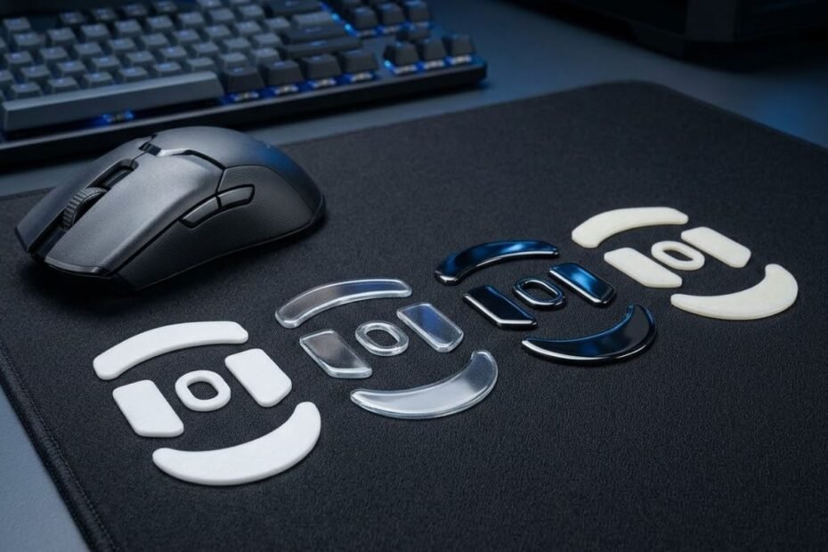 Four different gaming mouse feet materials including virgin PTFE, glass, ceramic, and UHMWPE placed beside a gaming mouse on a black cloth mouse pad.