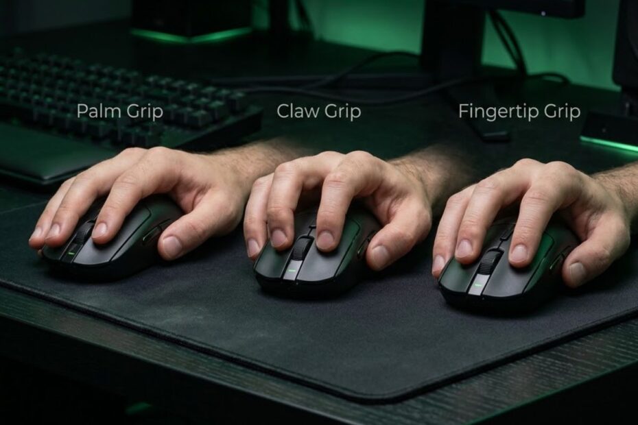 A comparison showing Palm Grip, Claw Grip, and Fingertip Grip hand positions on three gaming mice used for FPS games.