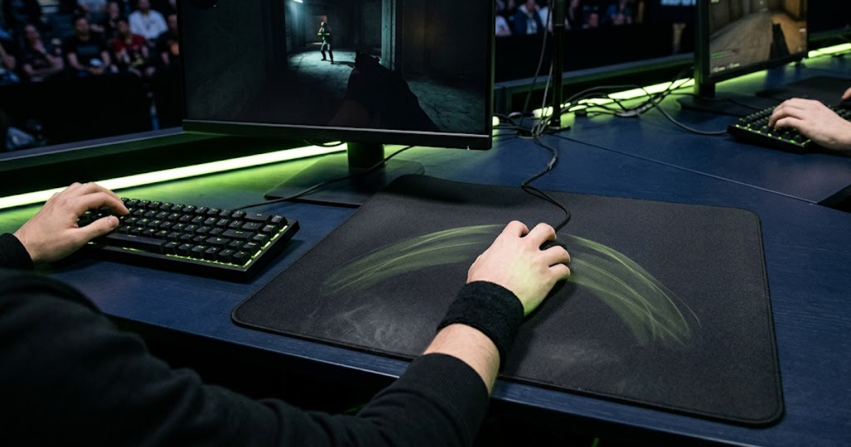 A premium FPS gaming desk setup showing a large mouse pad with wide movement space for low-sensitivity aiming.