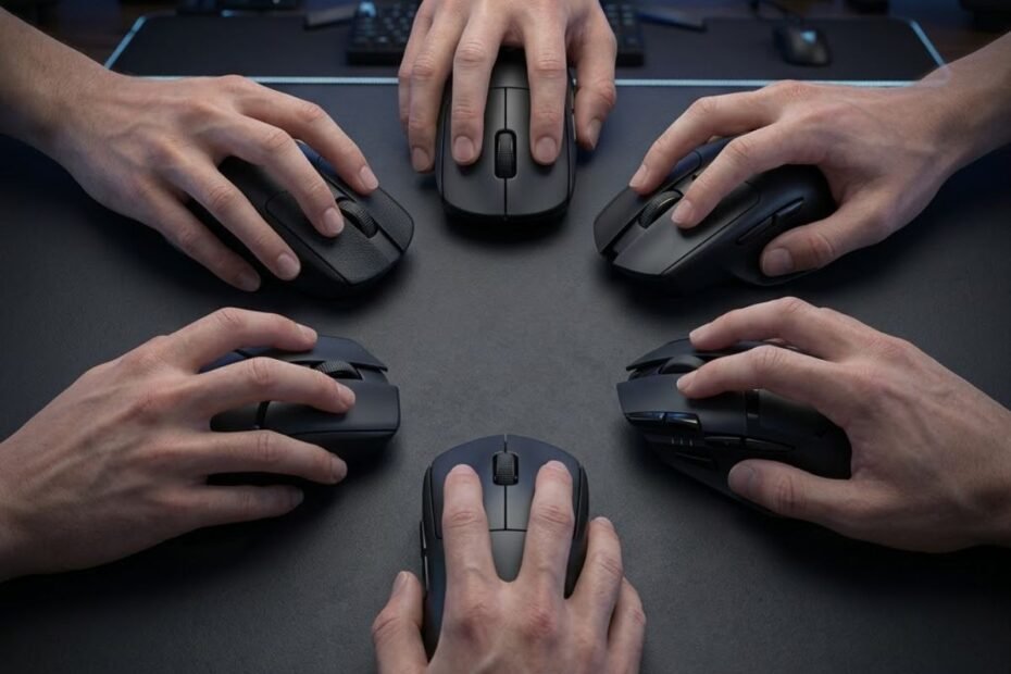 Several gaming mice with different shapes are arranged side by side while a transparent claw grip hand demonstrates how the fingers and palm naturally rest on each mouse.